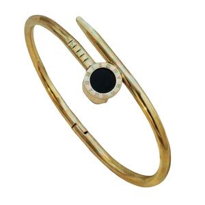 Stainless Steel Gold Plated Roman Numeral Nail Design Hinge Bangle Bracelet